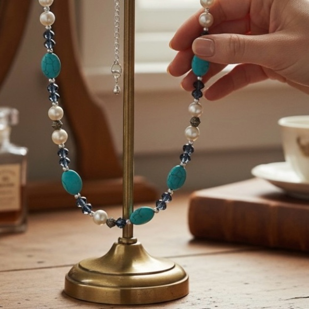 🧚🏻‍♀️ Turquoise, Pearl & Navy Crystal Beaded Necklace 19-22”